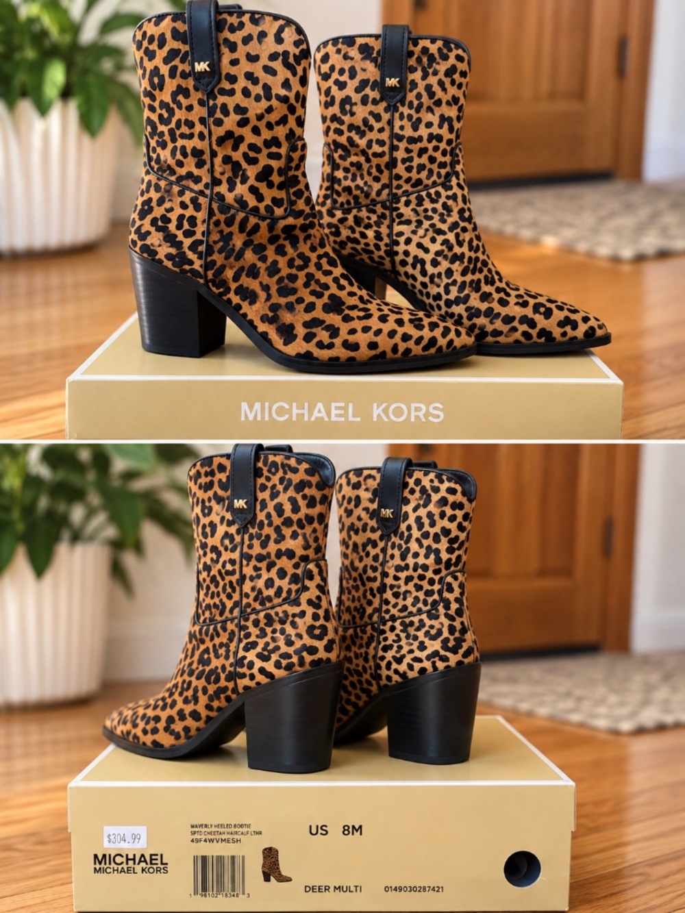Michael Kors Waverly Cheetah Haircalf Leather Heeled Booties – Size 8M